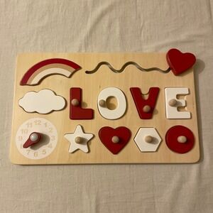 Pottery Barn Kids Wooden LOVE Heart Clock Shape Sorter Puzzle Board Toy
